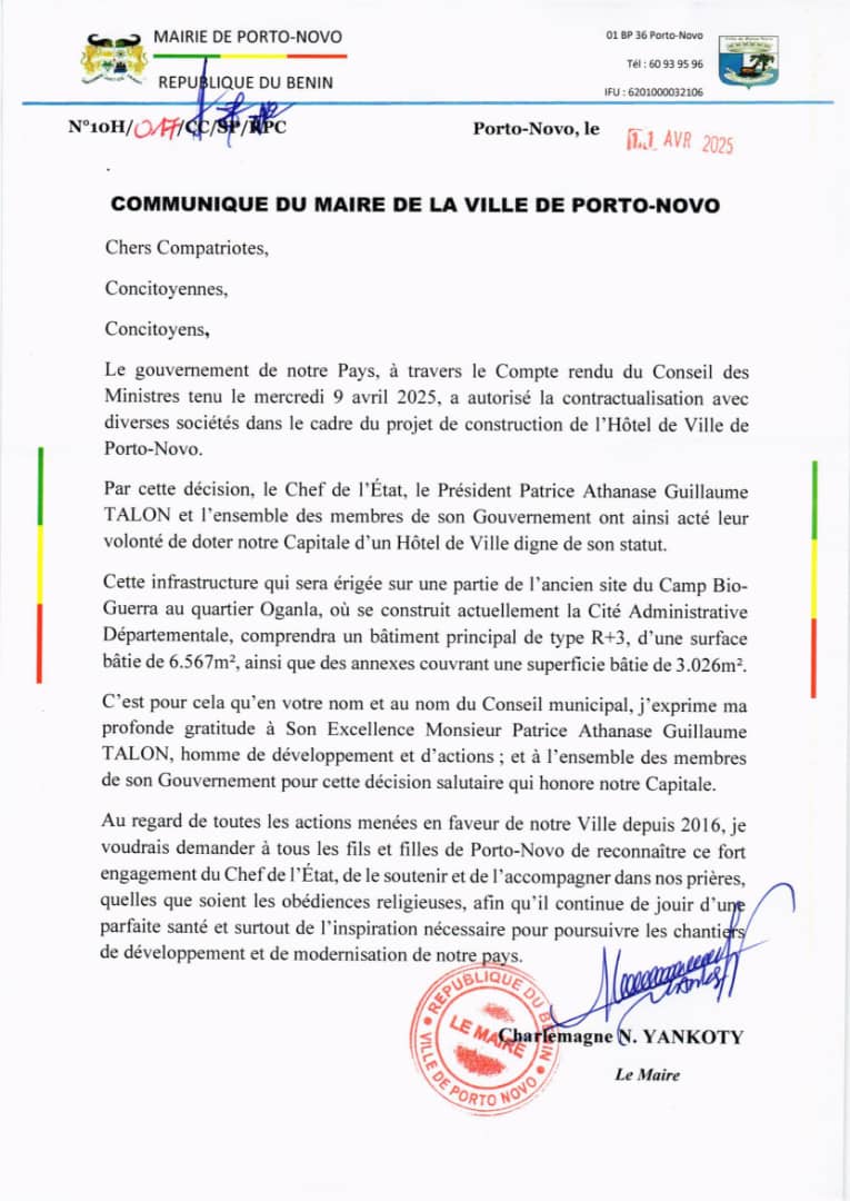 Important communiqué du Maire Charlemagne N. YANKOTY suite à l'autorisation, par le Conseil des Ministres, de la signature de contrats avec les sociétés retenues pour la construction du nouvel Hôtel de Ville de Porto-Novo