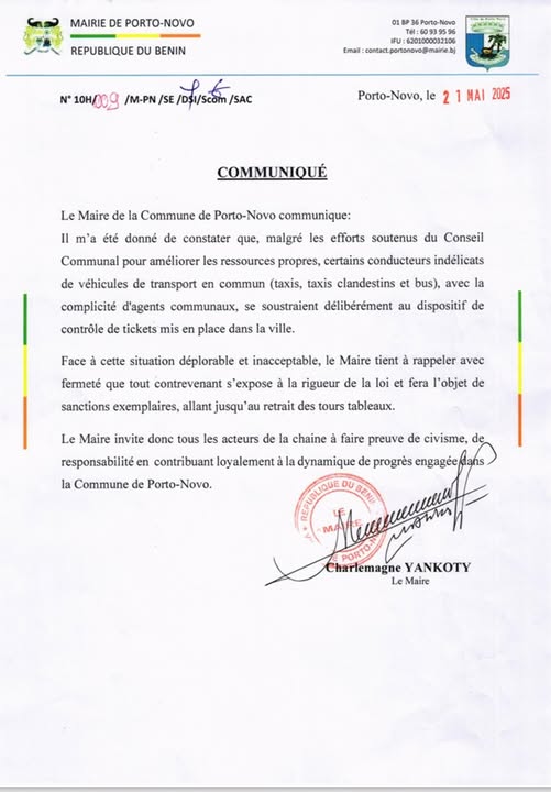 Important communiqué du Maire Charlemagne N. YANKOTY